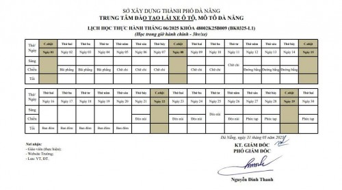 LỊCH HỌC THỰC HÀNH CÁC LỚP LÁI XE ÔTÔ THÁNG 6/2025
