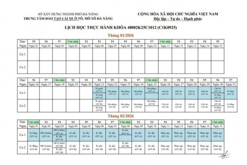 LỊCH HỌC THỰC HÀNH LÁI XE Ô TÔ CÁC KHÓA NÂNG HẠNG C1
