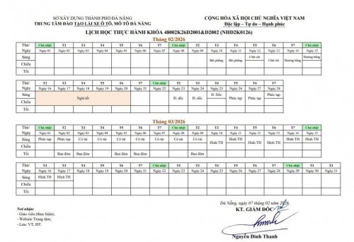 LỊCH HỌC THỰC HÀNH LÁI XE Ô TÔ CÁC KHÓA NÂNG HẠNG D2