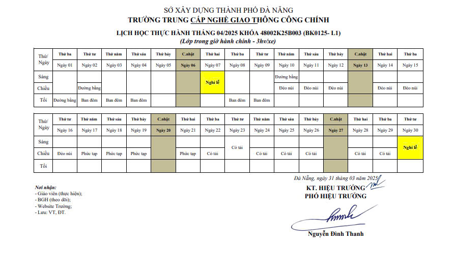 LỊCH HỌC THỰC HÀNH CÁC LỚP LÁI XE ÔTÔ THÁNG 4/2025