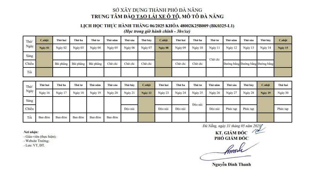 LỊCH HỌC THỰC HÀNH CÁC LỚP LÁI XE ÔTÔ THÁNG 6/2025