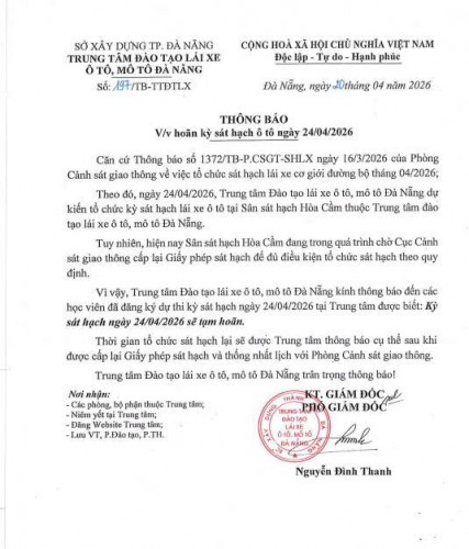 THÔNG BÁO - HOÃN KÝ SÁT HẠCH LÁI XE Ô TÔ NGÀY 24/4/2026