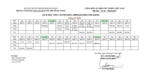 LỊCH HỌC THỰC HÀNH LÁI XE Ô TÔ CÁC KHÓA NÂNG HẠNG C NĂM 2026