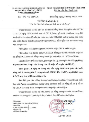 HÔNG BÁO (Lần 2) "V/v Trå GPLX và hồ sơ gốc ô tô, mô tô các hạng"