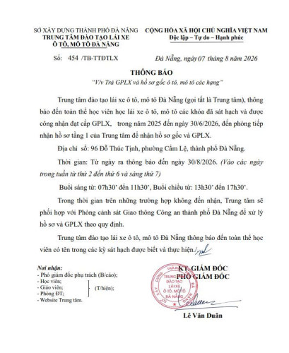 THÔNG BÁO VỀ VIỆC TRẢ GPLX VÀ HỒ SƠ GỐC Ô TÔ, MÔ TÔ CÁC HẠNG