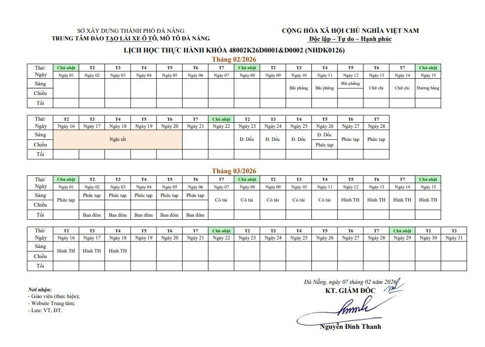 LỊCH HỌC THỰC HÀNH LÁI XE Ô TÔ CÁC KHÓA NÂNG HẠNG D