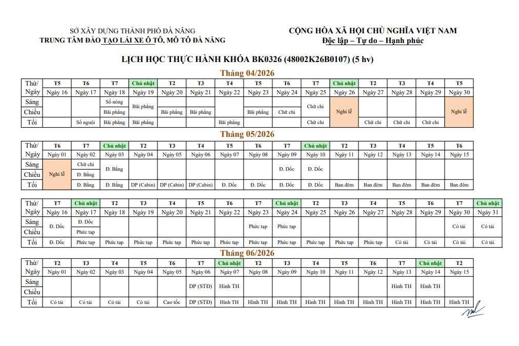 LỊCH HỌC THỰC HÀNH LÁI XE Ô TÔ CÁC KHÓA HẠNG B NĂM 2026