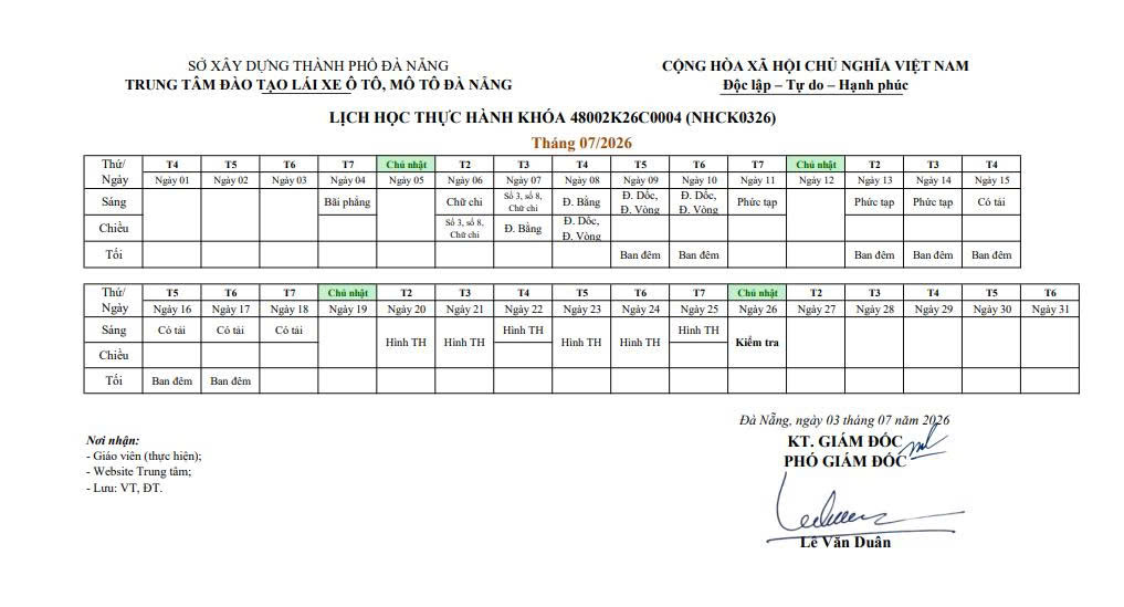 LỊCH HỌC THỰC HÀNH LÁI XE Ô TÔ CÁC KHÓA NÂNG HẠNG C NĂM 2026