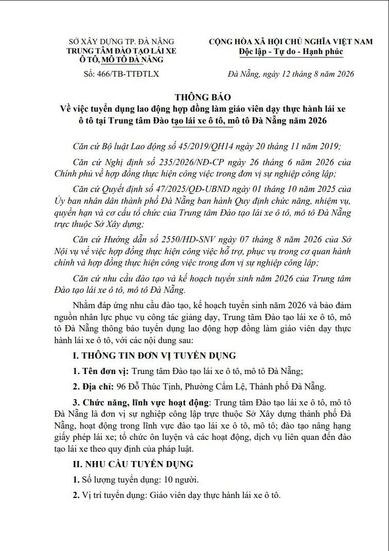 THÔNG BÁO VỀ VIỆC TUYỂN DỤNG LAO ĐỘNG HỢP ĐỒNG LÀM GIÁO VIÊN DẠY THỰC HÀNH LÁI XE Ô TÔ TẠI TRUNG TÂM ĐÀO TẠO LÁI XE Ô TÔ, MÔ TÔ ĐÀ NẴNG NĂM 2026
