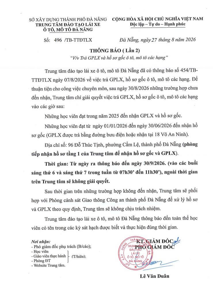 HÔNG BÁO (Lần 2) "V/v Trå GPLX và hồ sơ gốc ô tô, mô tô các hạng"