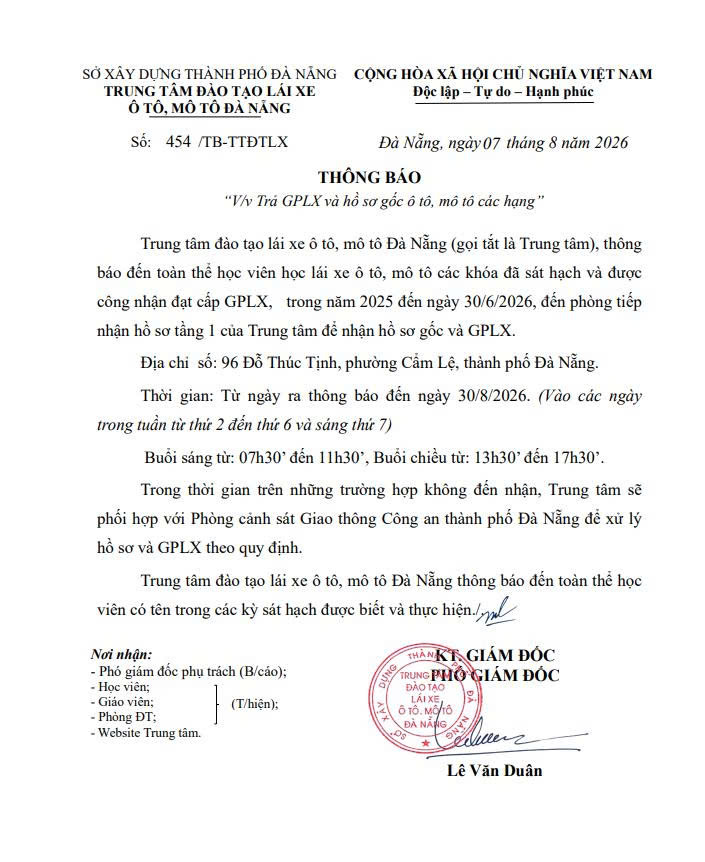 THÔNG BÁO VỀ VIỆC TRẢ GPLX VÀ HỒ SƠ GỐC Ô TÔ, MÔ TÔ CÁC HẠNG